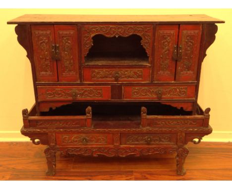 19/20th Century Chinese Carved and Lacquer Wood Shrine Cabinet. Unsigned. Surface Wear Consistent with Age and Use Otherwise 