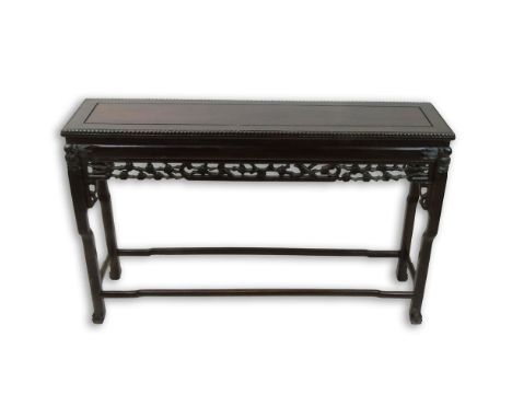 Vintage Chinese Carved Hardwood Console. Unsigned. Wear and rubbing or in good condition. Measures 30" H x 47-1/2" L x 12" W.
