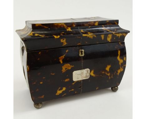 Antique English Tortoiseshell Tea Caddy. Two compartments, ball feet. Unsigned. Age cracks, wear, minor losses to corners. Me
