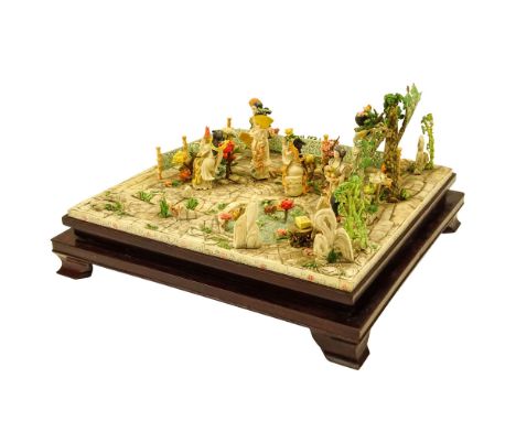 Large Mid 20th Century Chinese Carved and Polychrome Bone Group on Wood Base, Garden Scene with Figures, Flowers, Pond and Tr