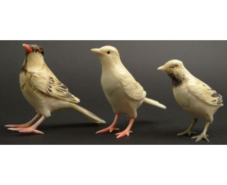 Three (3) Japanese Carved and Polychromed Ivory Bird Figures. Unsigned. One (1) with Broken and Missing Tail Feather, One (1)