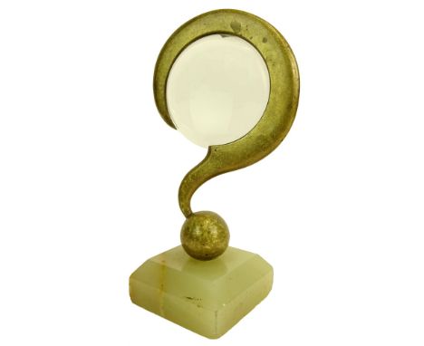 Mid Century Bronze Question Mark Magnifying Glass on Plinth Base. Marked 600 verso. Chips to glass. Measures 6-1/2" including
