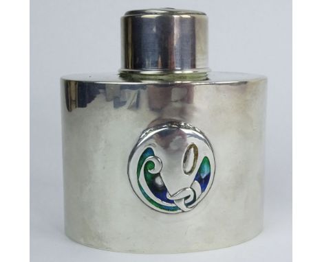 Liberty & Co. Art Nouveau Period Enameled Silver Tea Caddy, Possibly Archibald Knox. Signed L & Co. Birmingham, 1905. (hallma