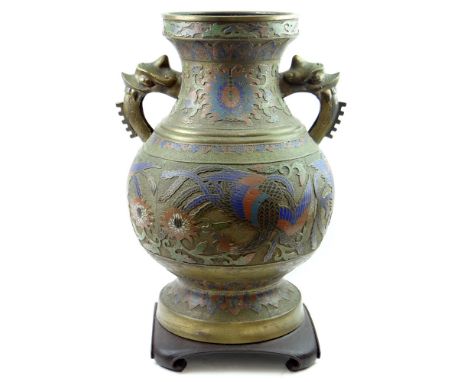 Large Antique Chinese Bronze and Cloisonne Vase with Applied Handles Mounted on Wooden Base. Delamped and Bolted to Base. Uns