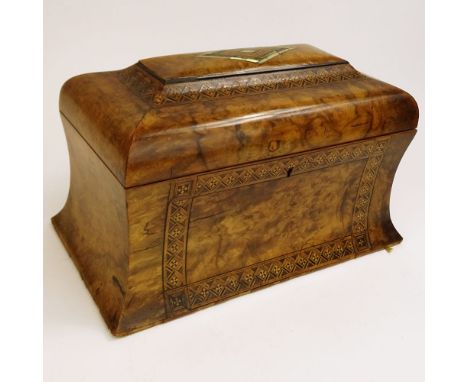 Antique English Burl Wood Tea Caddy with inlaid marquetry and mother of pearl. Missing mixing bowl. Tin lined. Unsigned. Typi