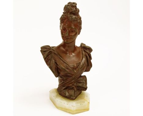 George van der Straeten, Belgian (1856-1941) Bronze Bust of a Maiden, cast with upswept hair on a onyx plinth, bronze signed 