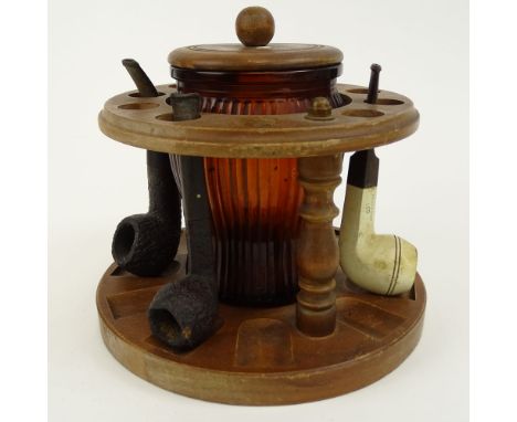 Vintage Wood and Glass Tobacco Jar/Pipe Holder and Three Vintage Pipes. Pipe Holder Unsigned. One pipe signed Kaywoodie White