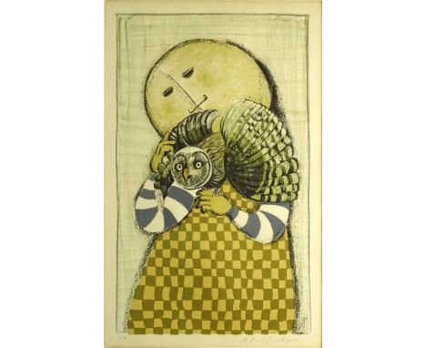 Graciela Rodo Boulanger, Bolivian (b. 1935) Color Lithograph "Girl With Owl" Signed in Pencil Lower right EA lower left. Toni