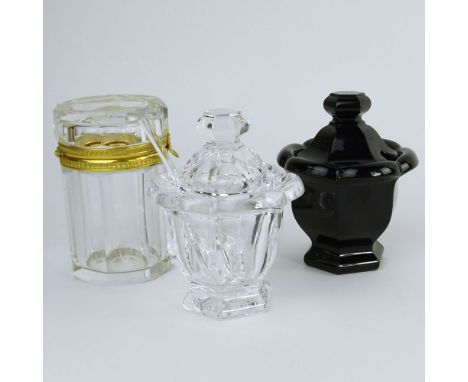Lot of Two Baccarat Covered Condiment Jars and a Baccarat Style Crystal Bronze Mounted Round Jar. Both condiment jars signed 