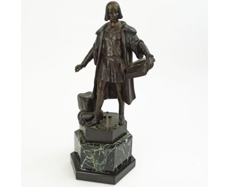 Antique Bronze Sculpture "Explorer" Unsigned. On green marble base. Good condition. Measures 10" (bronze) 13" (overall). Ship