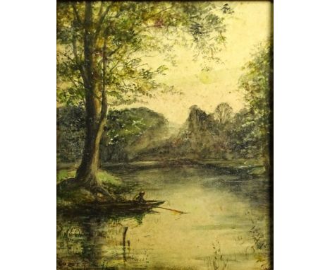 Attributed to: Jean-Baptiste-Camille Corot, French (1796-1875) Watercolor on Paper, Boater on Wooded Lake. Unsigned. Good bro