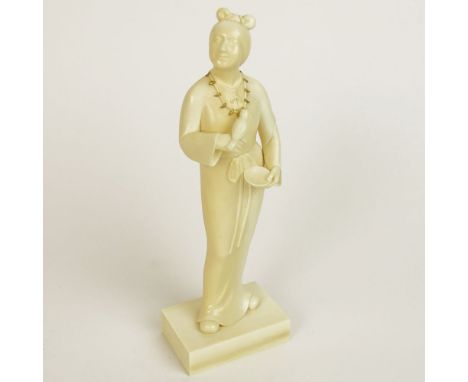 Japanese Finely Carved Ivory Figure of a Female Holding a Bird and Dish. Signed. Very Good Condition. Measures 7-3/4 Inches T