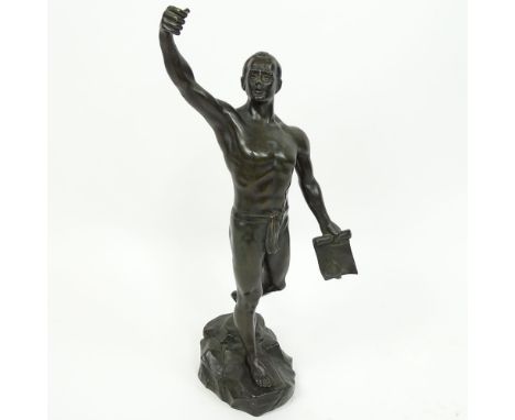 Otto Schmidt-Hofer, German (1873-1925) Bronze sculpture "Young athlete in victory pose" Signed, impressed mark. Missing laure