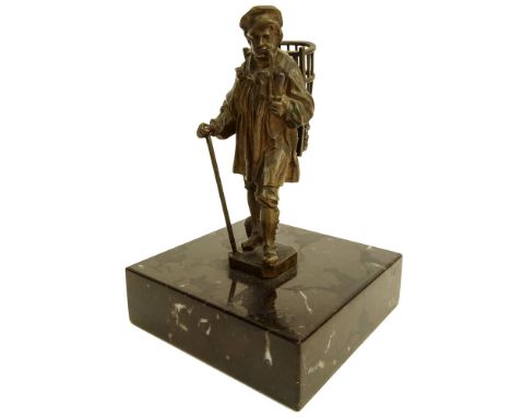 Antique Miniature Bronze on marble base. "Man with Basket On Back" Probably German. Unsigned. Good condition. Measures 5" H i