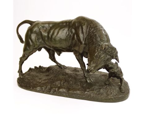 Charles Valton, French (1851-1918) Bronze Sculpture "Bull and Wild Dog" Signed CH Valton. Good condition 9-1/2" H x 15-1/2" x