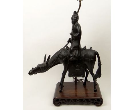 Early 20th Century Chinese Bronze "Scholar Riding a Donkey" Bearded Figure Wearing a Simple long Robe Holding a Scroll. Mount