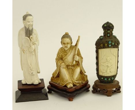 Vintage Chinese Three (3) Piece Ivory Lot. Includes 2 carved figurines, a metal mounted carved snuff bottle. Unsigned. Age cr