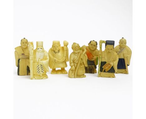 Collection of Seven (7) Mid 20th Century Japanese Carved Ivory Figures. Six (6) signed. Good condition. Measure 2" H, 1" W. T