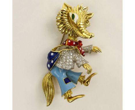 Vintage 18 Karat Yellow Gold and Enamel Fox Brooch Accented with Round Brilliant Cut Diamonds. Signed 18K and Unidentified Ma