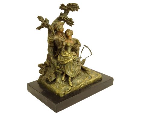 19/20th Century Bronze Sculpture on Onyx Base. "Romantic Couple" Unsigned. Wear to patina, small chips to base. Measures 8-1/