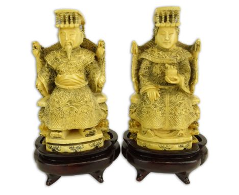 Pair of Antique Chinese Carved Ivory Emperor and Empress Figurines on Hardwood Stands. Signed with character marks. Toning fr