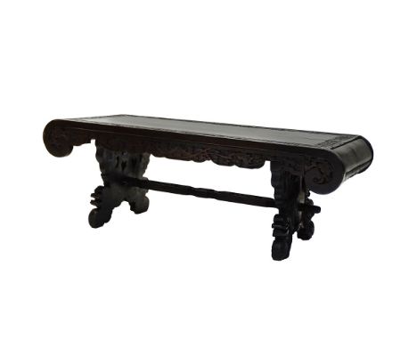 Vintage Chinese Carved Hardwood Low table. Unsigned. Rubbing, wood splits otherwise good condition. Measures 14 inches tall, 