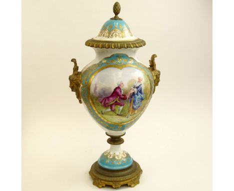 Antique Sevres Hand Painted Bronze Mounted Bolted Urn. Figural handles. Romantic scene on front panel, landscape on reverse. 