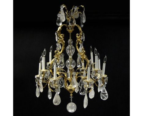 Contemporary Louis XV-style Gilt Bronze, Crystal and Rock Crystal Twelve (12) Light Chandelier. Unsigned. Good Condition or B