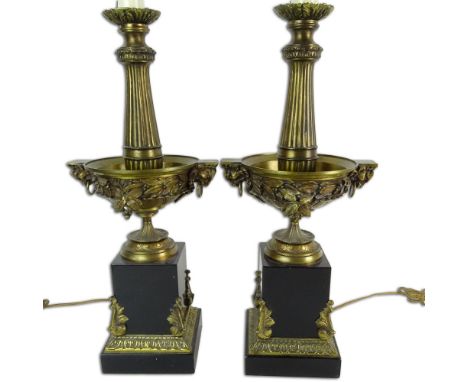 Pair Vintage Bronze and Marble Lamps. Unsigned. Good condition. Measures 35" H overall including halo. Shipping: Third party.