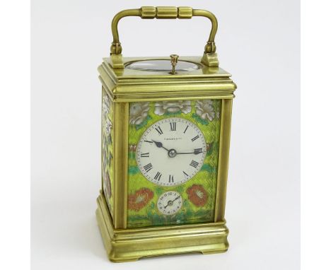 Tiffany &amp; Co. Enamel and Brass Repeater Carriage Clock. Decorated with guilloche and raised enamel floral motif. Works si