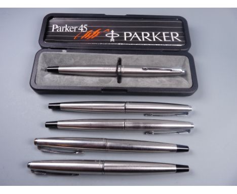 Vintage original (black plastic end cap) stainless steel Parker 45 Flighter fountain pen with 'Silver Fox' engraved on barrel