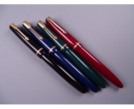 Three Vintage Parker Slimfold fountain pens and one Lady Duofold fountain pen (black,  blue, green, red), all with 14k nibs