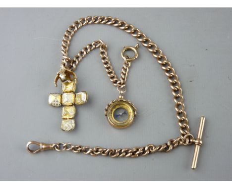 A NINE CARAT GOLD WATCH CHAIN with Masonic orb opening to form a cross, compass fob, T-bar and clips, 46.6 grms gross
