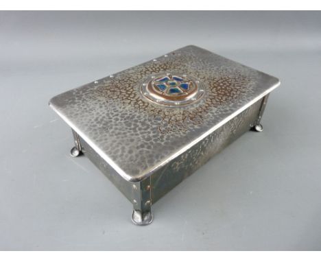 A CAMBRAY WARE ART NOUVEAU CIGARETTE BOX with enamel decorated floral roundel to lid, 19 cms wide (plating worn, hinge pin mi