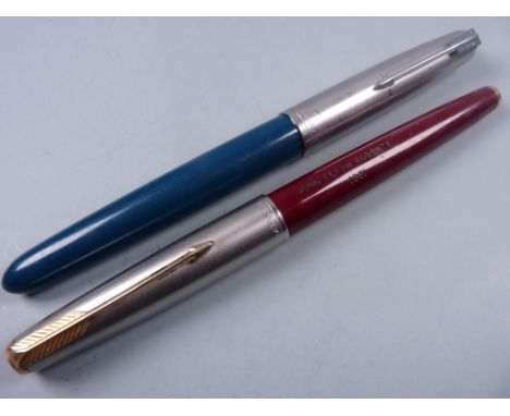Vintage teal blue Parker 51 fountain pen with Lustraloy cap with jewel and a Vintage burgundy Parker 61 Deluxe (satin lustral