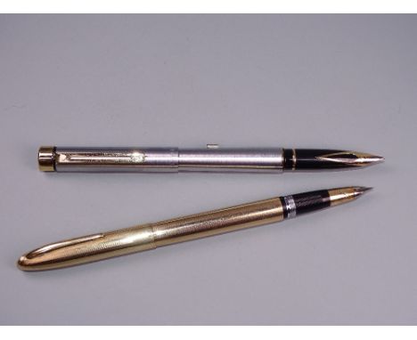 Vintage Brushed chrome Sheaffer Targa fountain pen with 23 carat gold electroplated trim. Special edition celebrating 125 yea