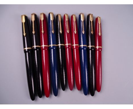 Three Vintage Parker Junior fountain pens (black, blue, red), three Parker Victory fountain pens and four Vintage Parker Slim