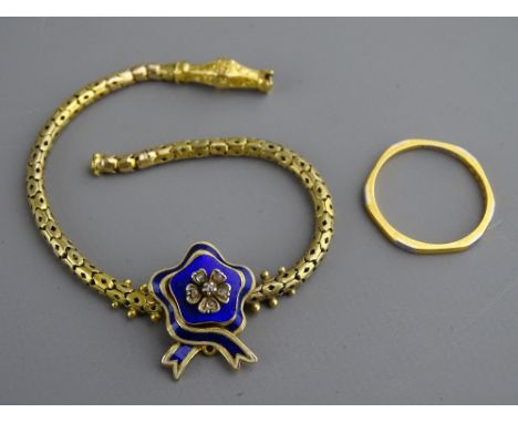 A TWENTY TWO CARAT GOLD & PLATINUM NARROW WEDDING BAND, 2.4 grms and a yellow metal snake bracelet (damaged clasp) with a blu