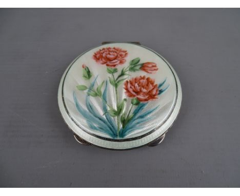 A SILVER & GUILLOCHE ENAMEL FLORAL DECORATED COMPACT, Birmingham 1959, 4 troy ozs
