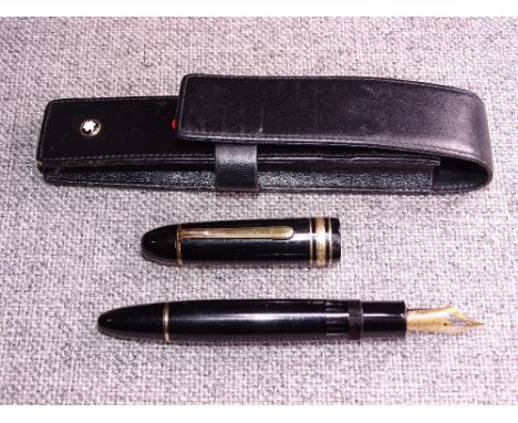 Large vintage black Montblanc Meisterstuck fountain pen No 149 in Montblanc leather pouch. Cap with surface damage