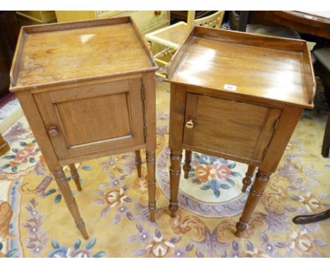 TWO VINTAGE MAHOGANY BEDSIDE STANDS, both single door with three quarter rail, 83 cms high the tallest
