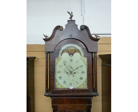 A 19th CENTURY MAHOGANY LONGCASE CLOCK with 14 ins Denbigh maker moon phase dial and movement, 250 cms high overall, 56.5 cms