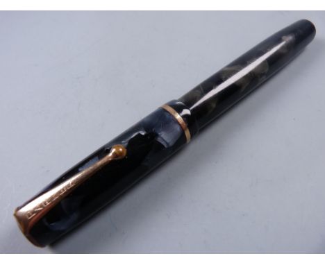 Vintage (1932 - 34) grey and black marble Parker Premiere (Duette Senior) fountain pen with gold plated trim and 14ct gold ni