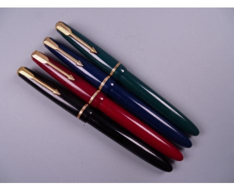 Four Vintage Parker Slimfold fountain pens (black, blue green, red), all with 14k nibs