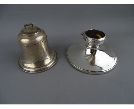 TWO SILVER INKWELLS including a capstan type with tortoiseshell inset lid, Birmingham 1913 and a bell shaped example, Birming