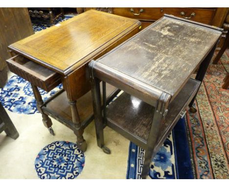 A PRIORY STYLE TWIN FLAP TWO TIER TROLLEY WITH END DRAWER and a vintage metamorphic two tier trolley