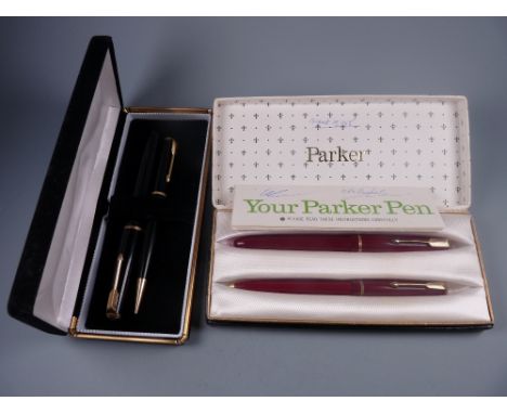 Vintage black Parker Duofold Junior Fountain pen with 14ct gold nib and pencil, both with gold plated trim (in box), a Vintag