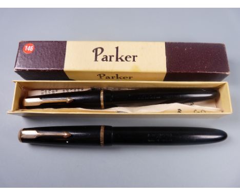 Vintage black Parker Duofold Senior fountain pen with original 14ct gold nib and gold plated trim and a Vintage black Parker 