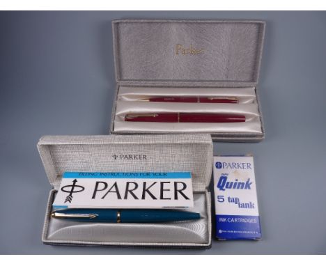 Vintage burgundy Parker 17 fountain pen and burgundy Parker No.3 pencil (with chalk marks and both with gold plated trim, a V