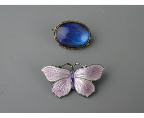 A SILVER & ENAMEL BUTTERFLY BROOCH with a butterfly wing brooch, the former stamped 'J A & S', Birmingham 1918